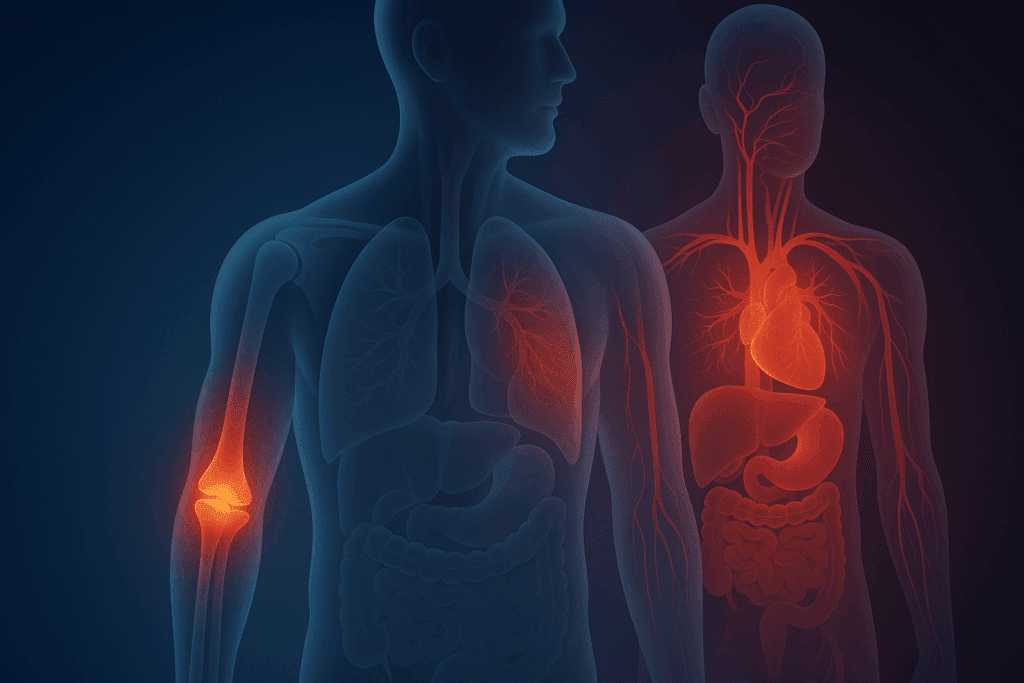 Digital illustration of human anatomy showing acute and chronic inflammation in joints, organs, and blood vessels, visualizing effects targeted by an all in one anti inflammatory supplement.