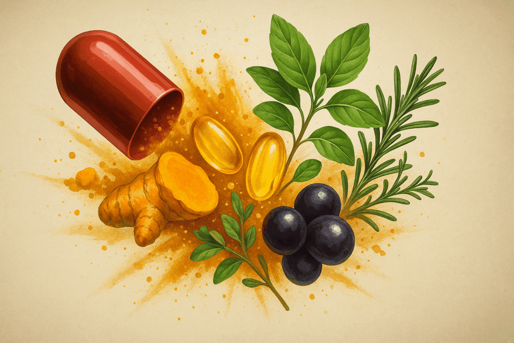 Capsule bursting open to reveal turmeric, fish oil, herbs, and berries—ingredients in an all in one anti inflammatory supplement.