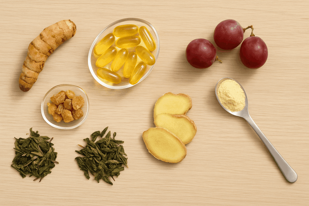 Turmeric root, fish oil capsules, grapes, boswellia resin, green tea leaves, ginger slices, and quercetin powder displayed together as key ingredients in an all in one anti inflammatory supplement.