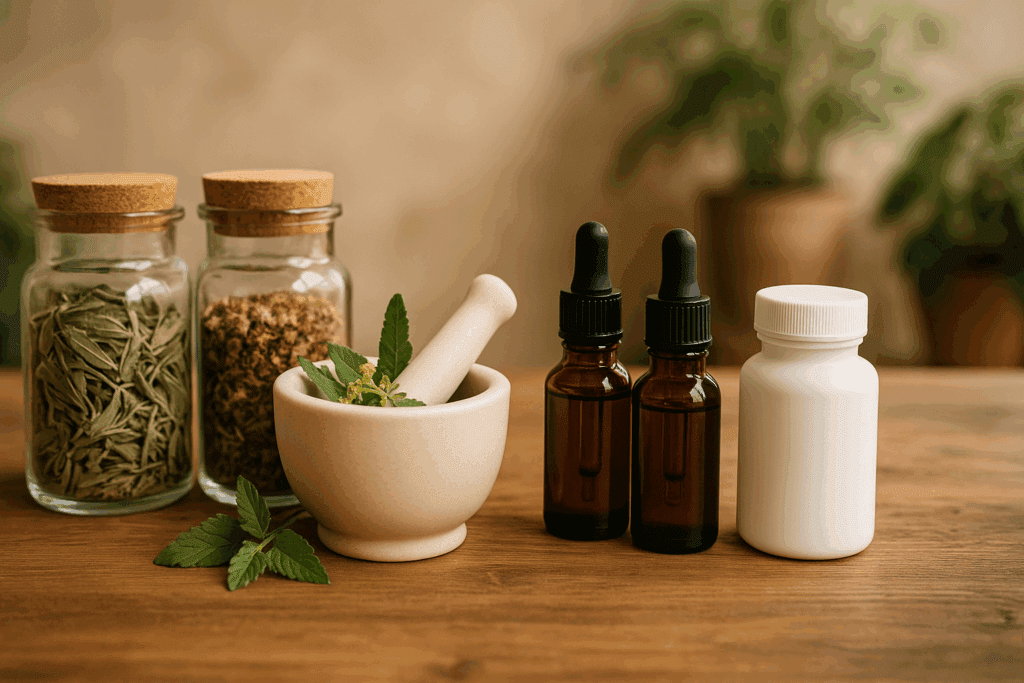 Traditional herbal remedies with dried herbs, tinctures, and a modern all in one anti inflammatory supplement bottle on a wooden table
