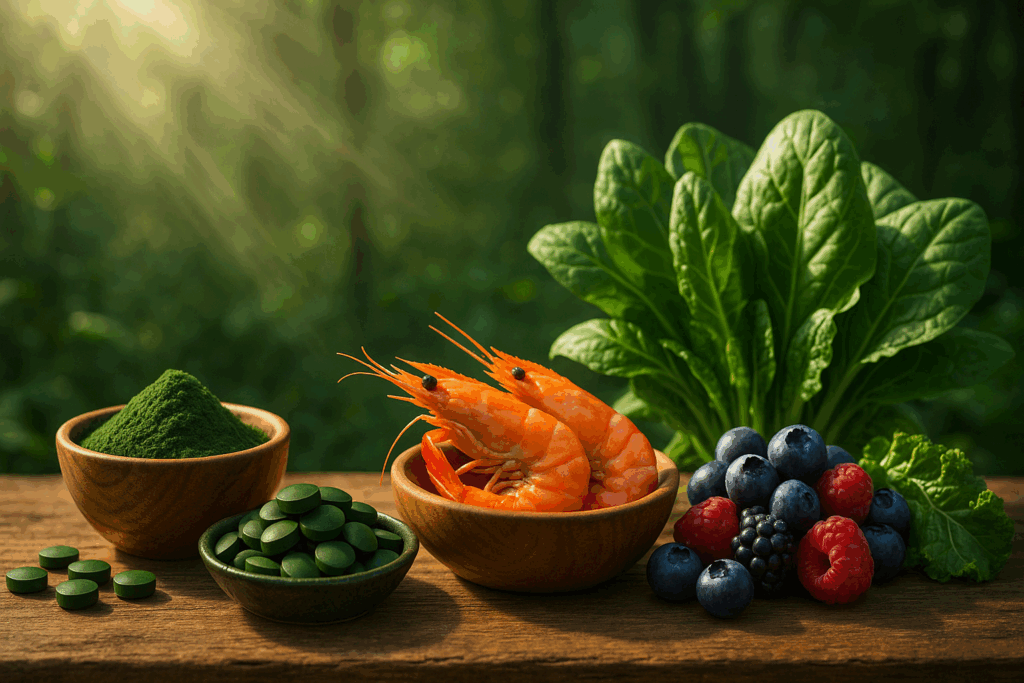 A serene, nature-filled scene showcasing natural anti-inflammatory supplement sources such as spirulina, chlorella, astaxanthin-rich shrimp, fresh berries, and leafy greens, all illuminated by golden light, symbolizing vitality and longevity. This diverse collection represents an all in one anti-inflammatory supplement