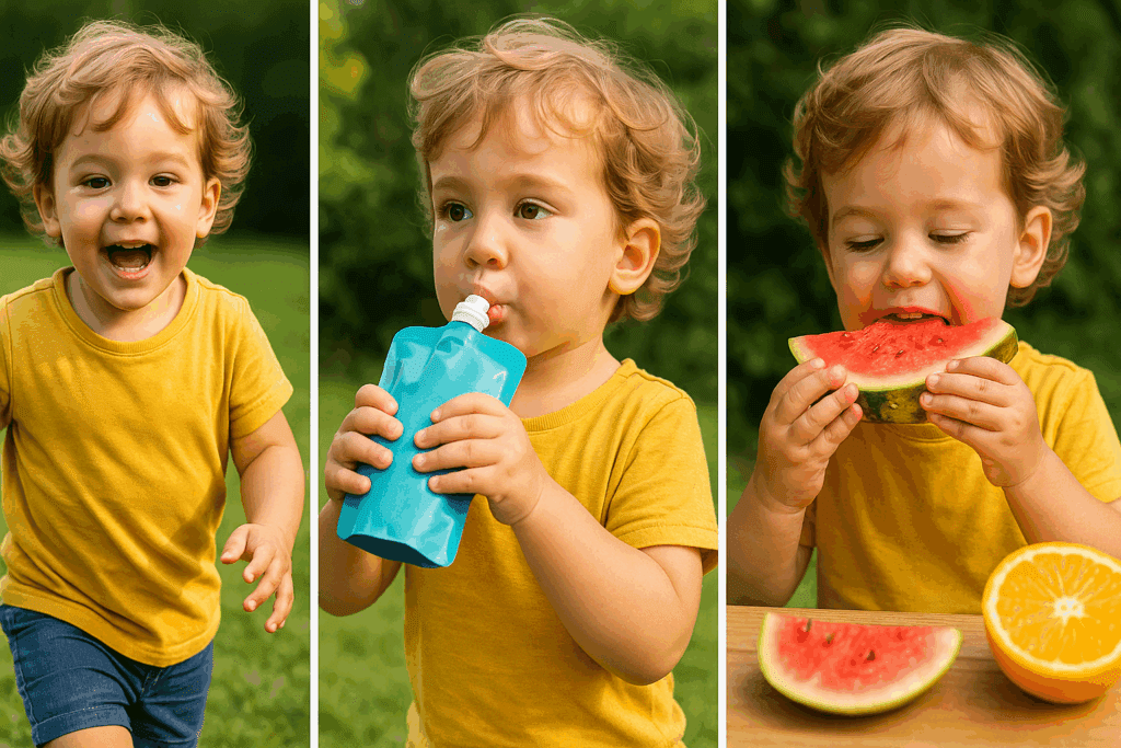 Happy toddler outdoors drinking from a hydration pouch and eating watermelon, showing the best pouches for toddlers in daily use.