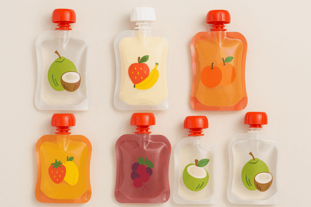 Flat lay of the best pouches for toddlers showing coconut water, milk smoothies, and fruit blends with resealable caps and ergonomic, clear designs.