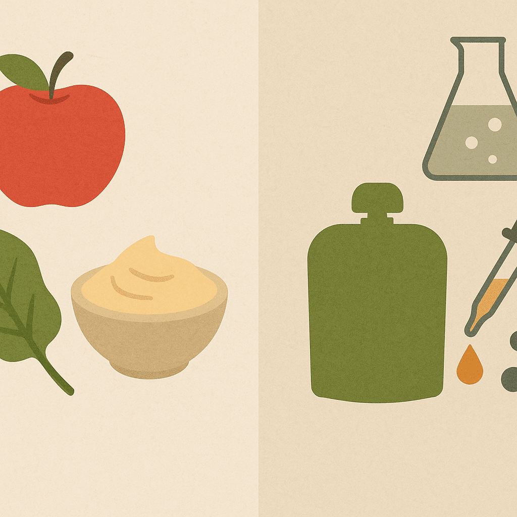 Split-screen illustration comparing whole food ingredients and additives in the best pouches for toddlers