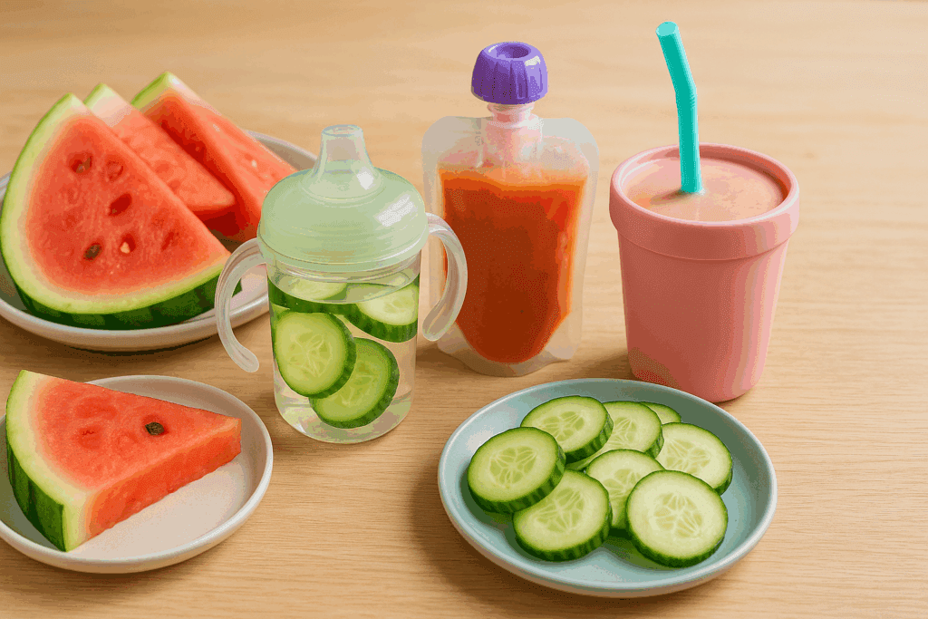 Healthy toddler hydration setup with sliced watermelon, cucumber water in a sippy cup, fruit puree in one of the best pouches for toddlers, and a smoothie in a straw cup.