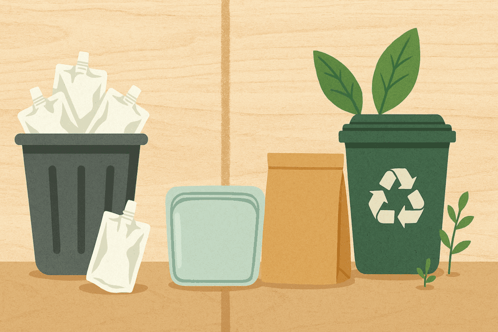 Comparison of wasteful single-use pouches and eco-friendly options like reusable silicone and compostable packaging, highlighting best pouches for toddlers