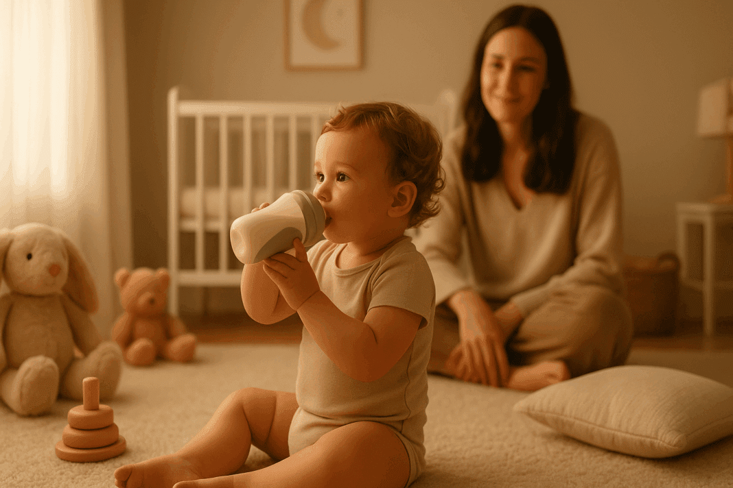 Curly-haired toddler sitting on a nursery floor drinking from a modern toddler milk bottle, surrounded by plush toys and soft pillows.
