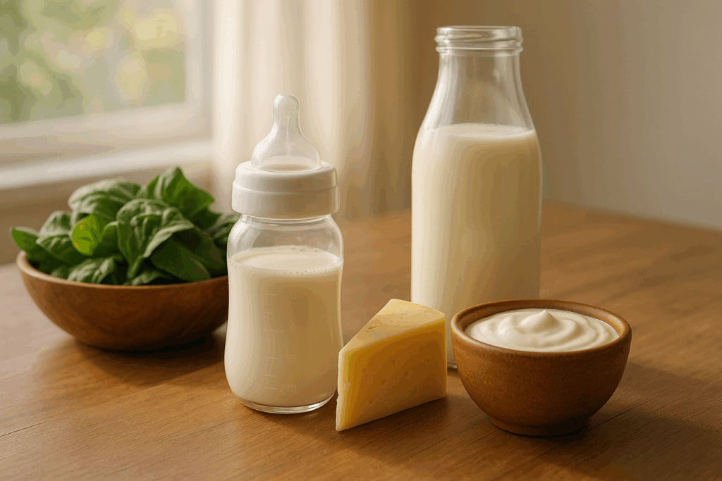 Toddler milk bottle on a wooden table with whole milk, cheese, yogurt, and leafy greens in natural sunlight.