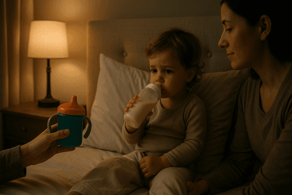 Tired toddler holding a toddler milk bottle at bedtime while parent offers a colorful sippy cup in a softly lit bedroom.