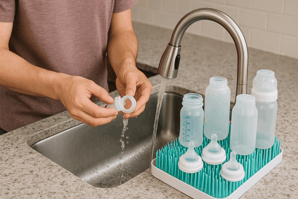 Parent washing toddler milk bottle parts at kitchen sink with clean bottles drying on a rack nearby