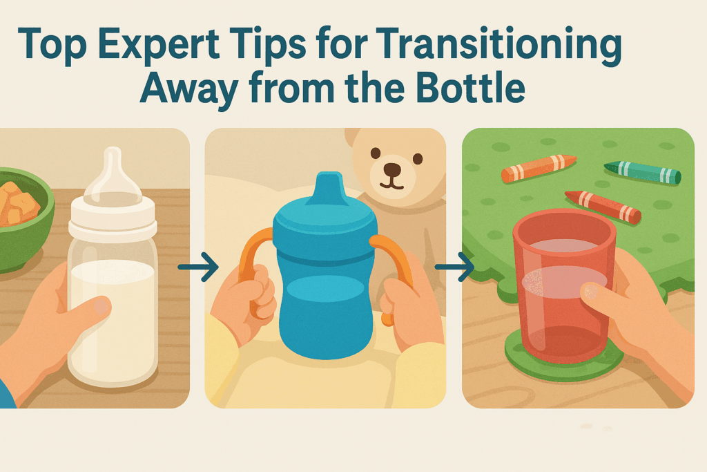 Step-by-step visual showing a toddler milk bottle, sippy cup, and open training cup used by toddler hands during snack time, bedtime, and playtime.