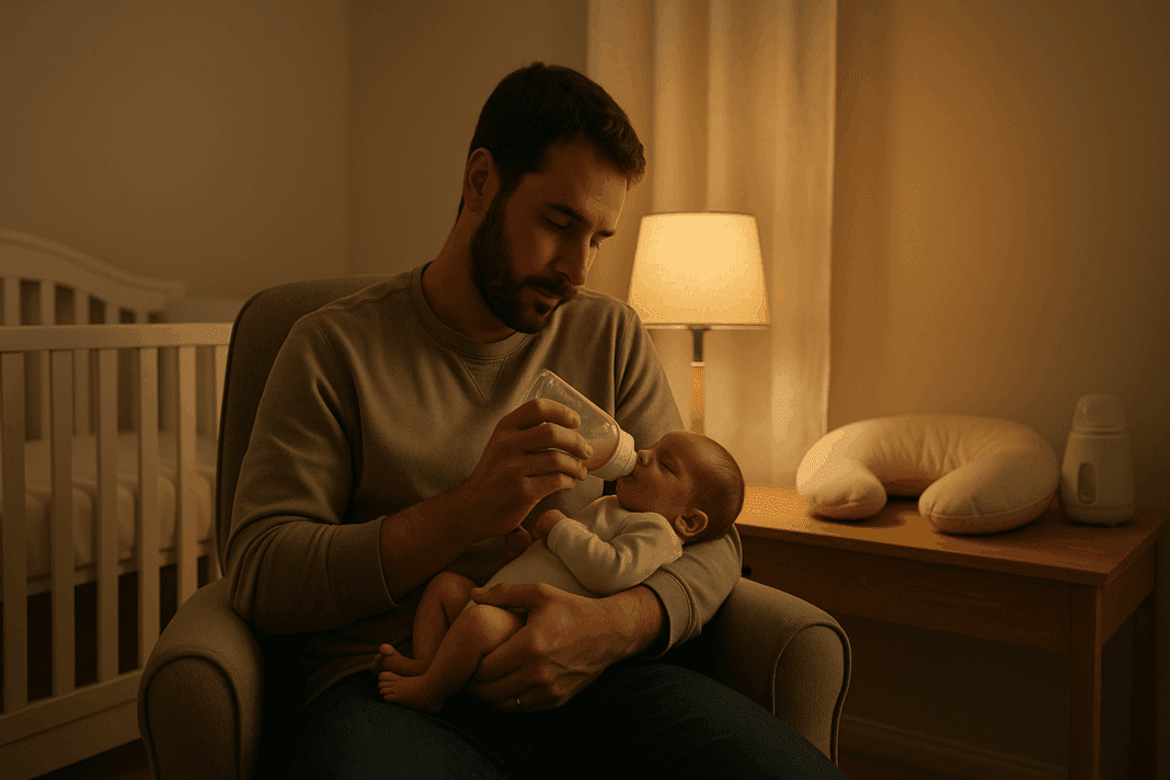 Father gently feeding a newborn in a softly lit nursery, capturing a calm moment perfect for documenting in an infant feeding log