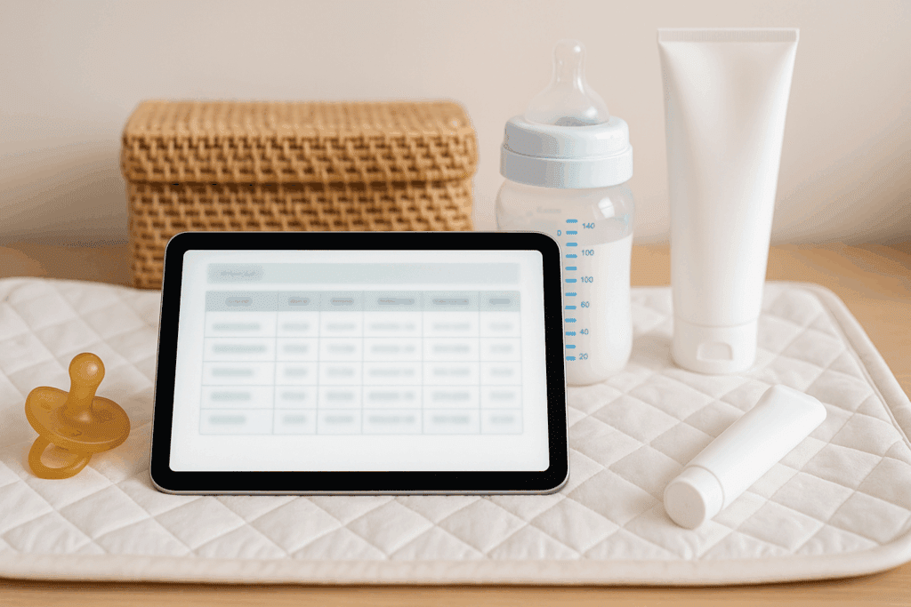 Tablet displaying an abstract infant feeding log on a changing table beside a pacifier, baby bottle, and diaper cream in a modern nursery setup