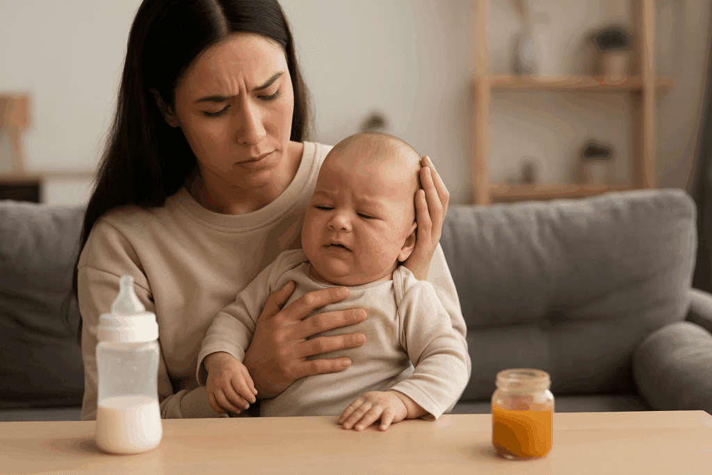 Concerned caregiver soothing a baby with a facial rash after feeding, suggesting possible reaction tracked in an infant feeding log