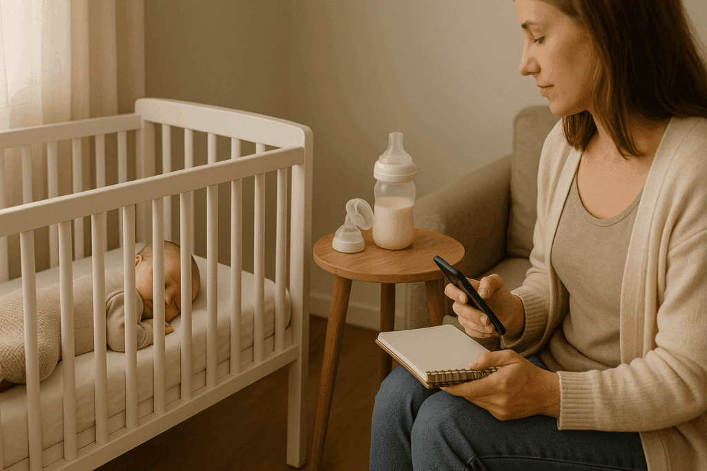 Caregiver recording infant feeding log on a smartphone while seated beside a crib with a sleeping baby and feeding supplies on a side table