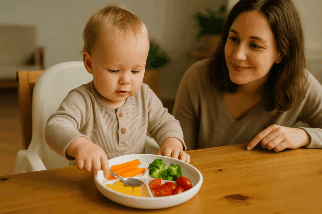 Toddler reaching for a spoon at the dinner table with colorful vegetables, symbolizing the shift from an infant feeding log to independent eating.