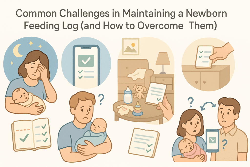 Infographic illustrating four common infant feeding log challenges with soft pastel scenes of a tired parent, cluttered space, missed entry, and caregiver confusion