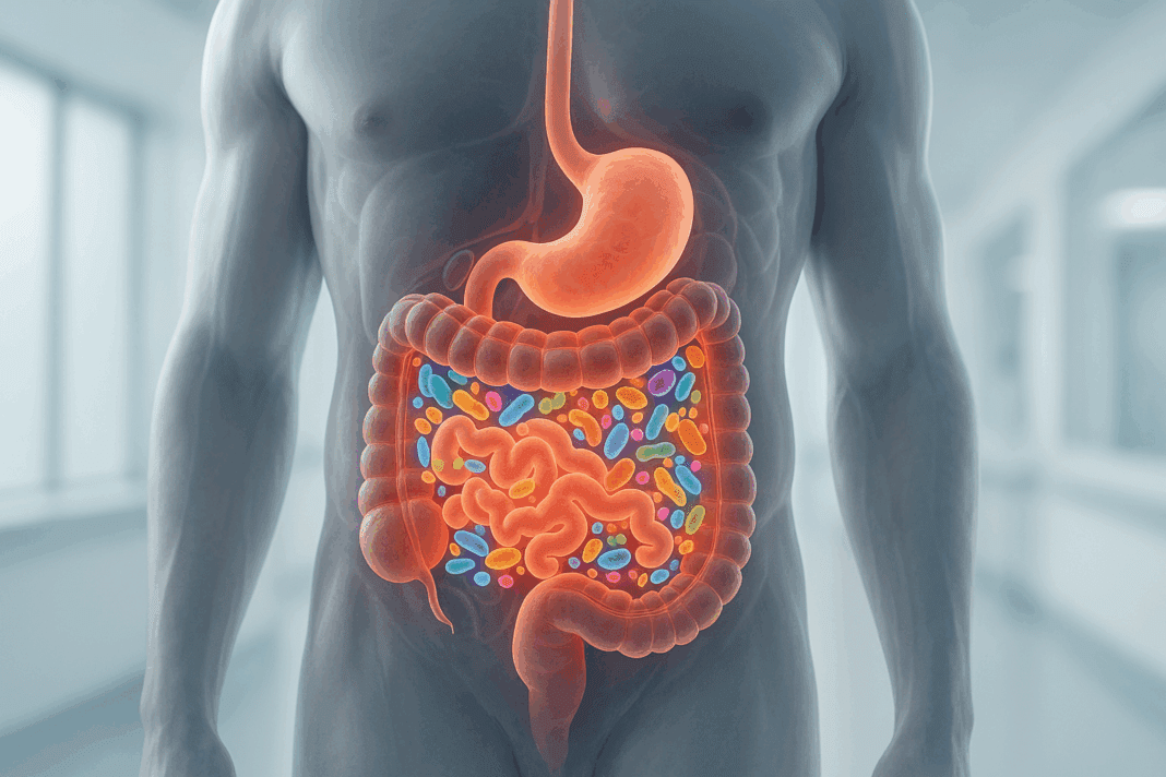 Transparent human torso showing glowing intestines filled with colorful microbiota, promoting the best probiotic for antibiotics.