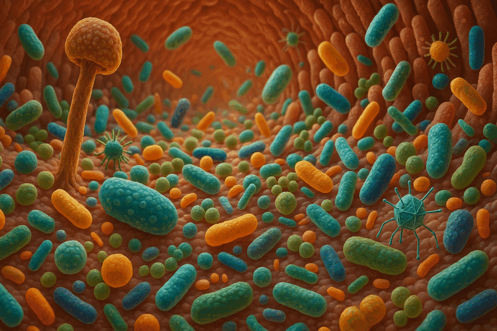 Colorful gut microbes including bacteria, fungi, and viruses interacting inside the intestine, visualizing the best probiotic for antibiotics effect on microbial diversity.