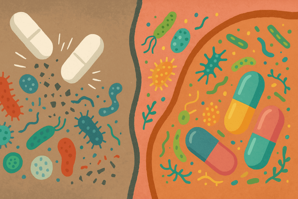 Conceptual split-screen showing antibiotics destroying bacteria on one side and the best probiotic for antibiotics restoring gut balance on the other