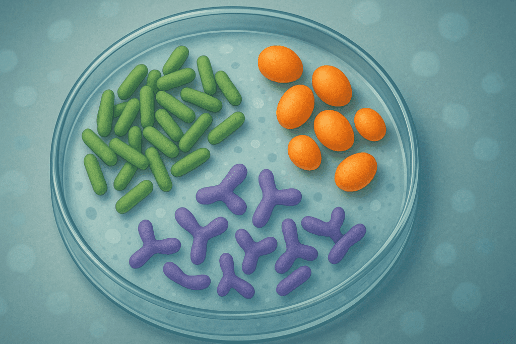 Color-coded probiotic strains in a petri dish representing the best probiotic for antibiotics in a clinical lab setting.