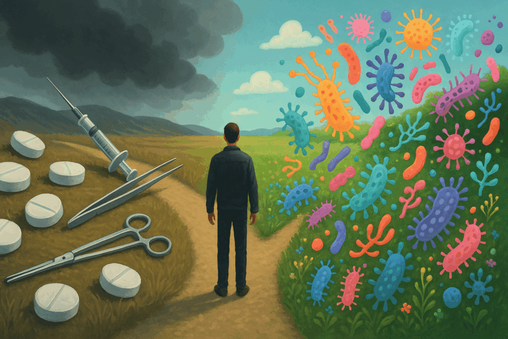 Person at forked path choosing between sterile pills and vibrant gut flora, symbolizing decision for best probiotic for antibiotics.