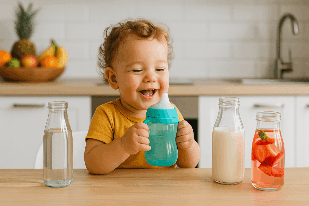 Joyful toddler drinking from a bottle like sippy cup at a kitchen table with water, milk, and fruit-infused drinks nearby.