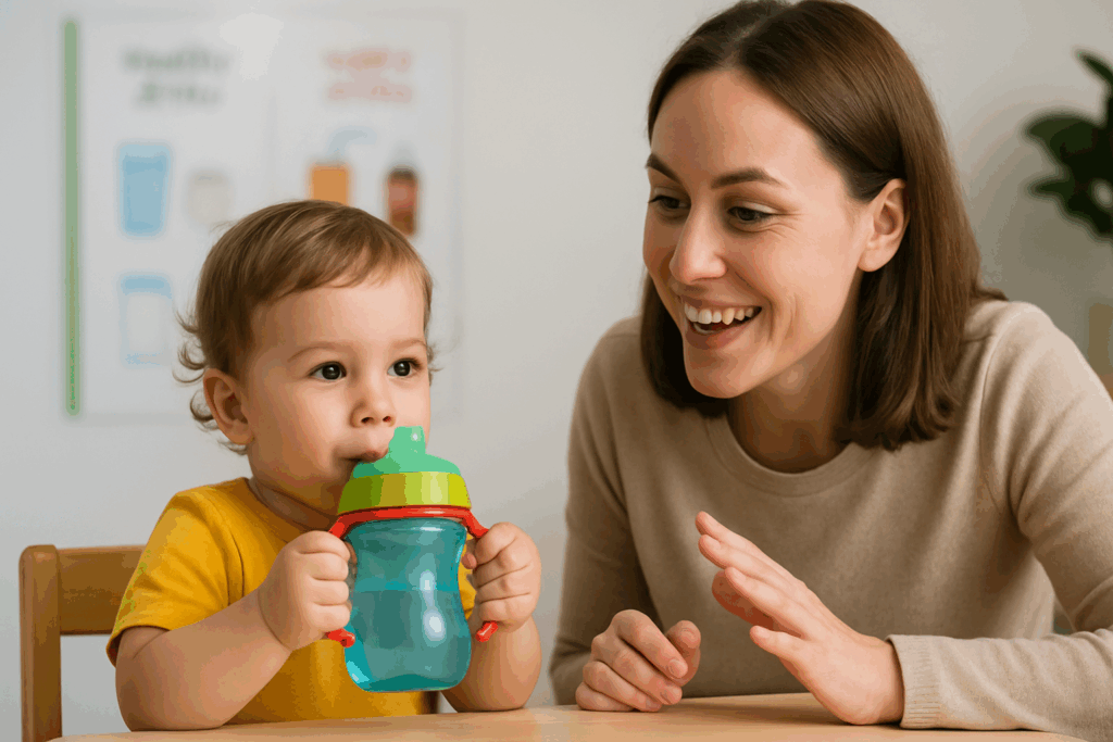 Cheerful toddler drinking from a bottle like sippy cup at a table while a caregiver encourages healthy hydration habits.