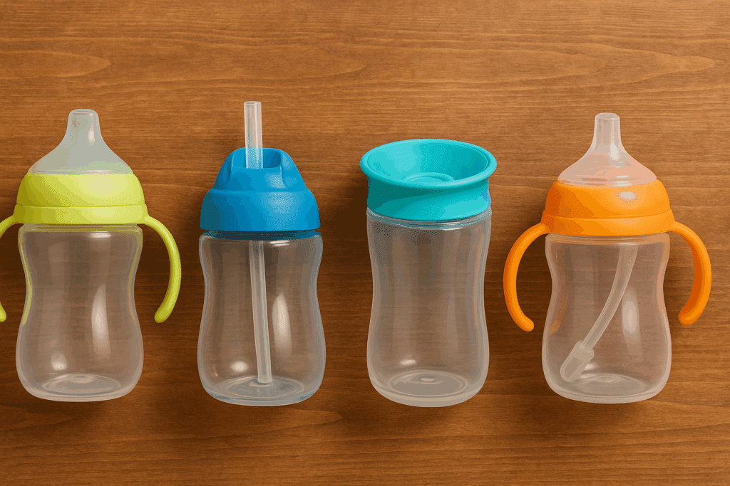 Flat lay of four BPA-free bottle like sippy cup designs with soft spouts, straws, 360 lids, and ergonomic handles on wood background