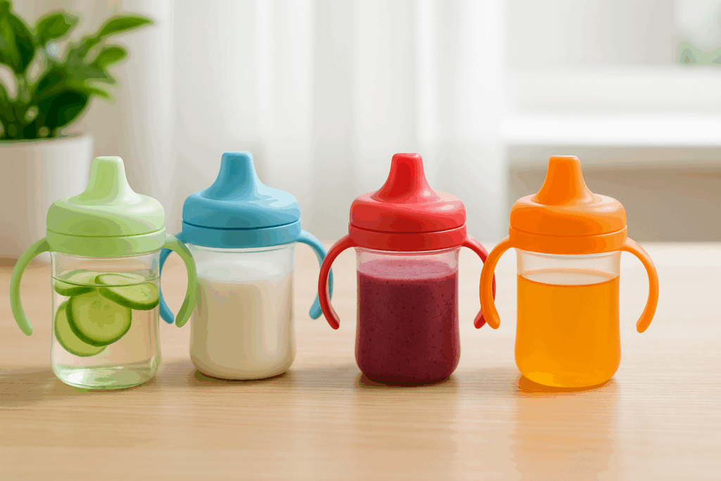 Four colorful drinks—cucumber water, full-fat milk, berry smoothie, and diluted juice—in a bottle like sippy cup on a wooden table