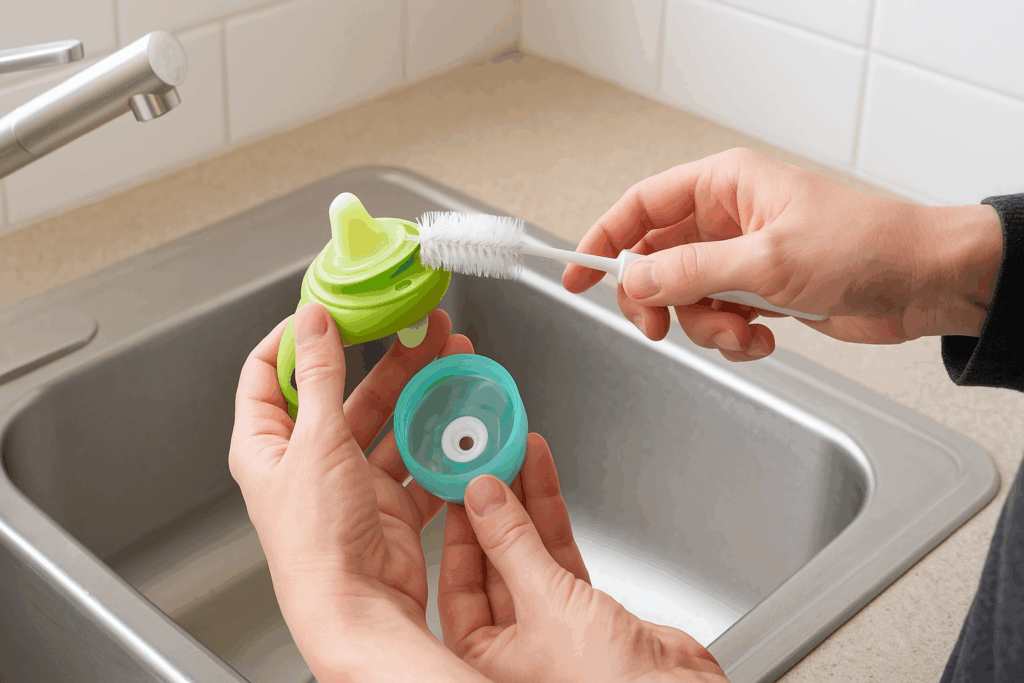 Parent cleaning a bottle like sippy cup at the sink, using a brush to scrub the soft spout and inner valve.