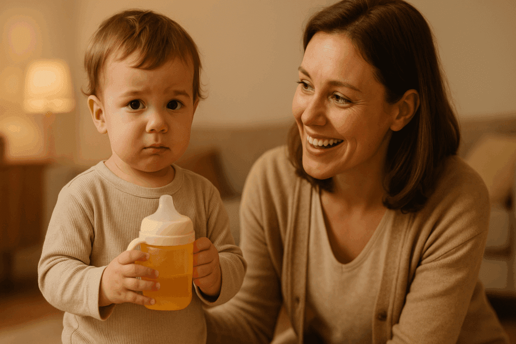 Caregiver encouraging a toddler holding a bottle like sippy cup in a warmly lit living room