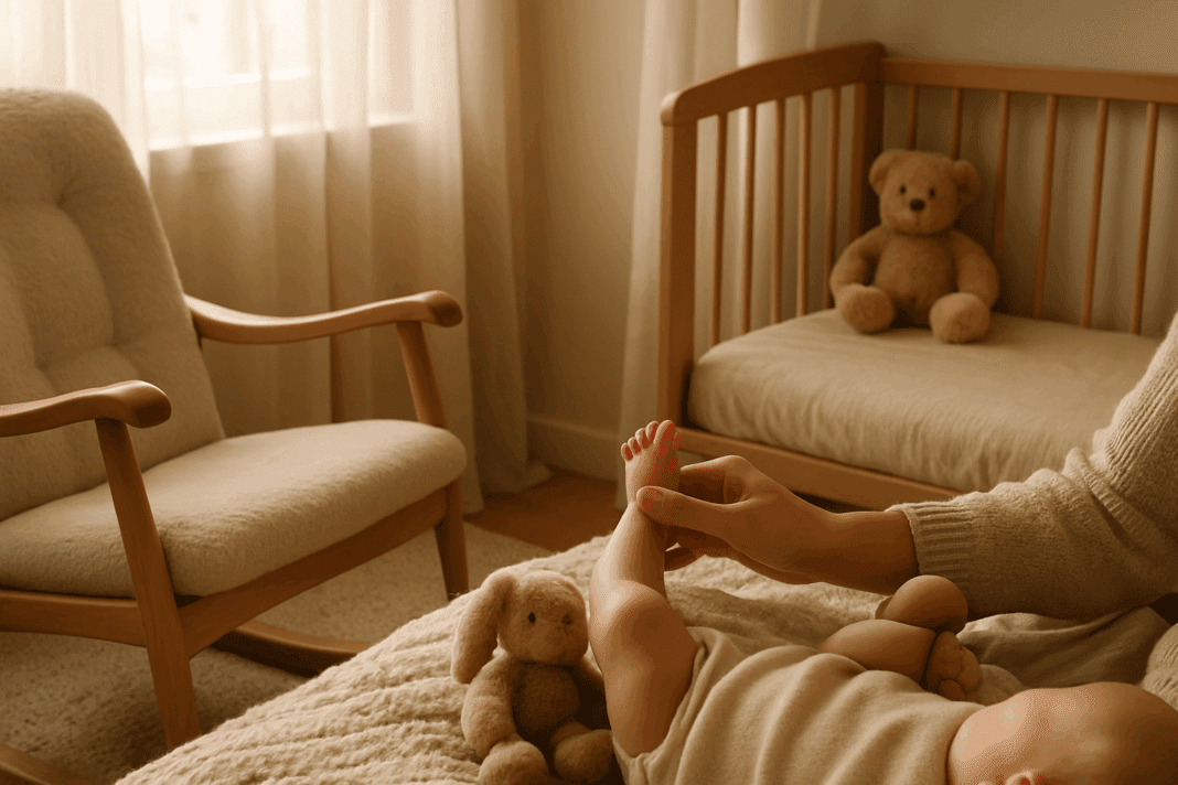 Warm nursery scene showing a mother gently holding her baby’s foot, illustrating early bonding and the nurturing context of how long should infants breastfeed.