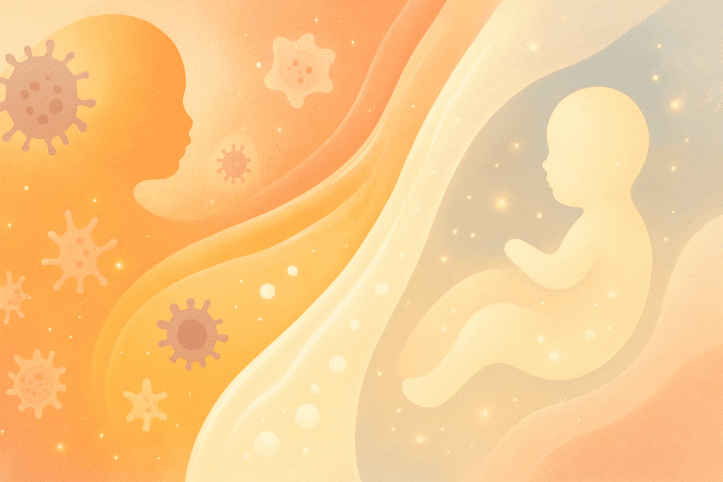 Artistic abstract showing the transition from colostrum to mature breast milk with immune cells and baby silhouettes, symbolizing how long should infants breastfeed for optimal early development