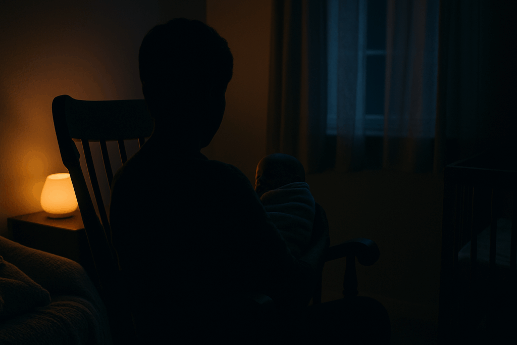 Dimly lit nursery with a parent holding a swaddled baby at night, reflecting how long should infants breastfeed during early care.