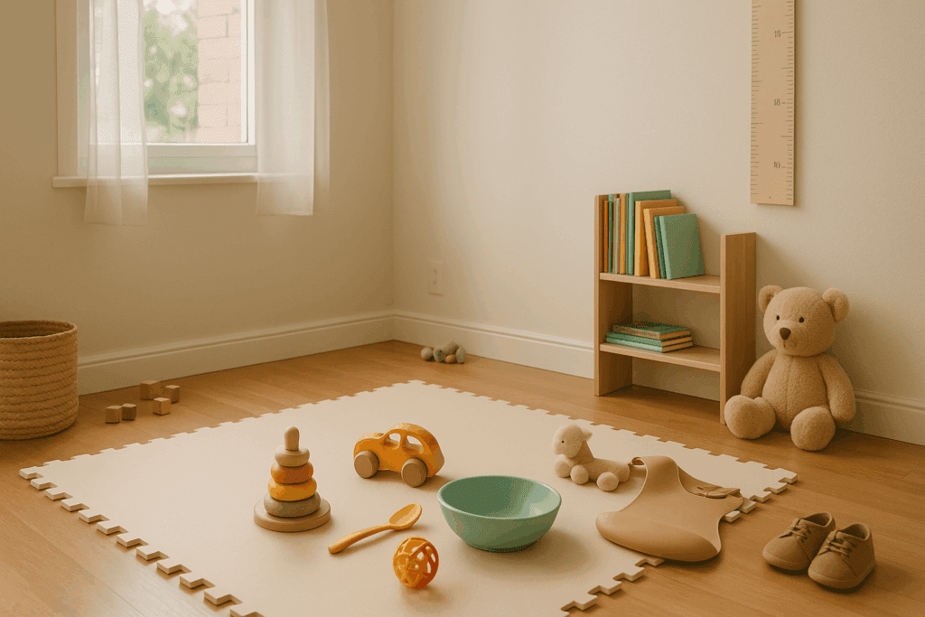 Peaceful nursery play area symbolizing developmental milestones during the stage when parents ask how long should infants breastfeed