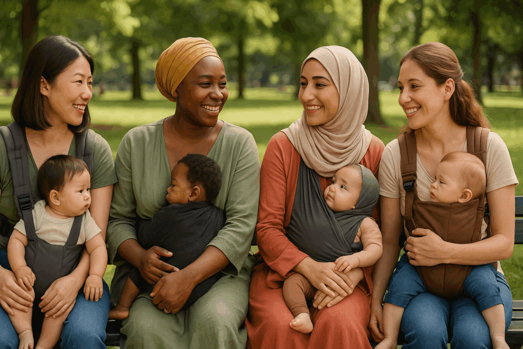 Mothers from diverse cultures bonding in a park with babies in carriers, reflecting social influences on how long should infants breastfeed.