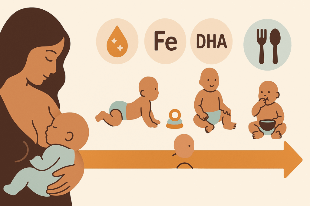 Timeline-style infographic showing infant development stages and nutrient needs over time, illustrating how long should infants breastfeed before starting supplementation.