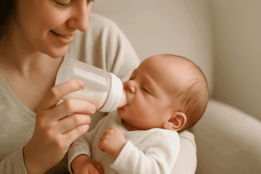 Caregiver cradling a baby while making eye contact during feeding, demonstrating how to bottle feed a newborn