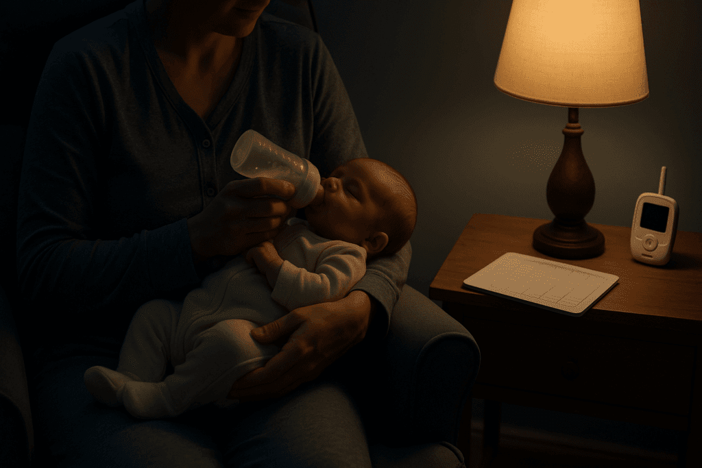 Caregiver in sleepwear bottle-feeding a newborn in a glider chair under a soft bedside lamp, illustrating how to bottle feed a newborn at night.