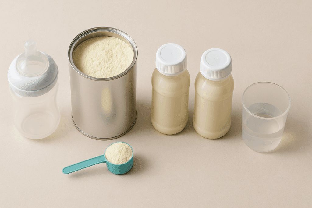 Various types of baby formula next to a bottle and scoop, showing how to bottle feed a newborn with care.