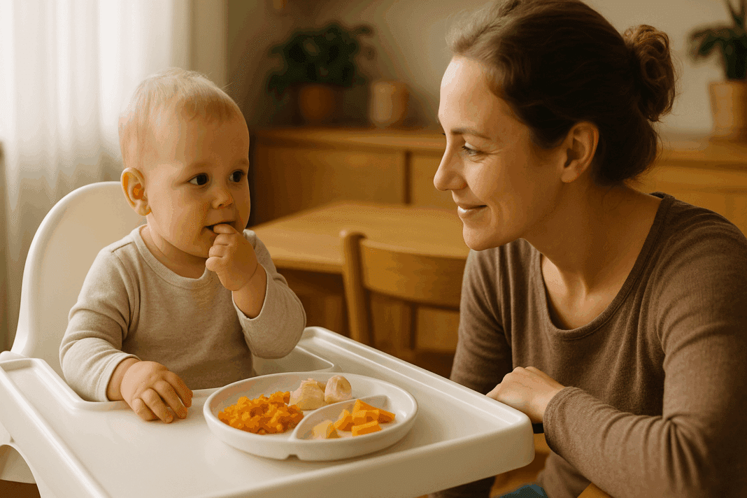 Mother smiling at her 12-month-old baby eating soft solids in a high chair during mealtime, illustrating how to wean off breastfeeding at 12 months