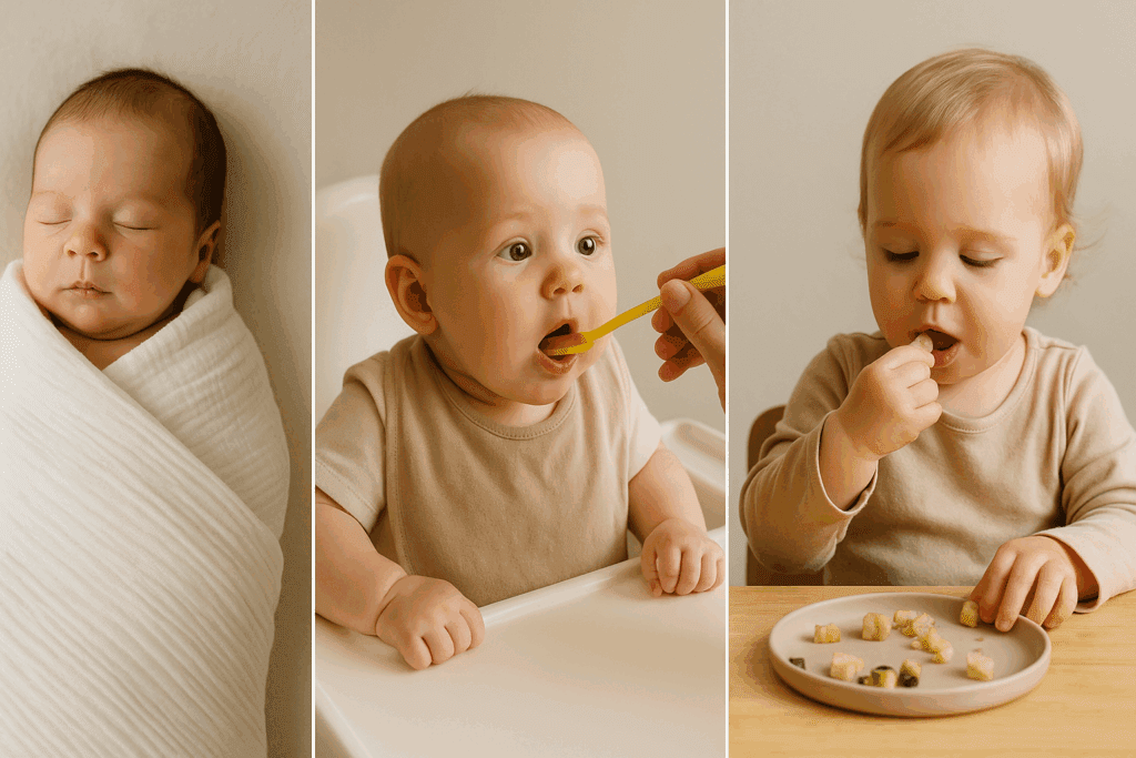 Newborn swaddled in blanket, 6-month-old eating purees, and 12-month-old self-feeding to show how to wean off breastfeeding at 12 months