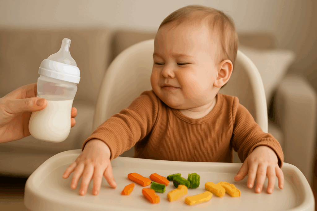 Baby turning away from bottle and reaching for finger foods, showing how to wean off breastfeeding at 12 months.