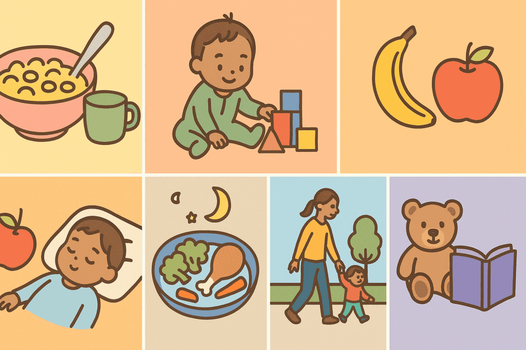 Illustrated toddler routine showing how to wean off breastfeeding at 12 months with visuals of meals, play, nap, and bedtime activities