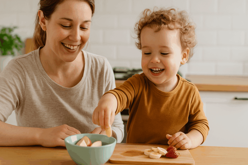 Joyful toddler placing banana slices in a bowl with mom, illustrating how to wean off breastfeeding at 12 months through healthy routines.