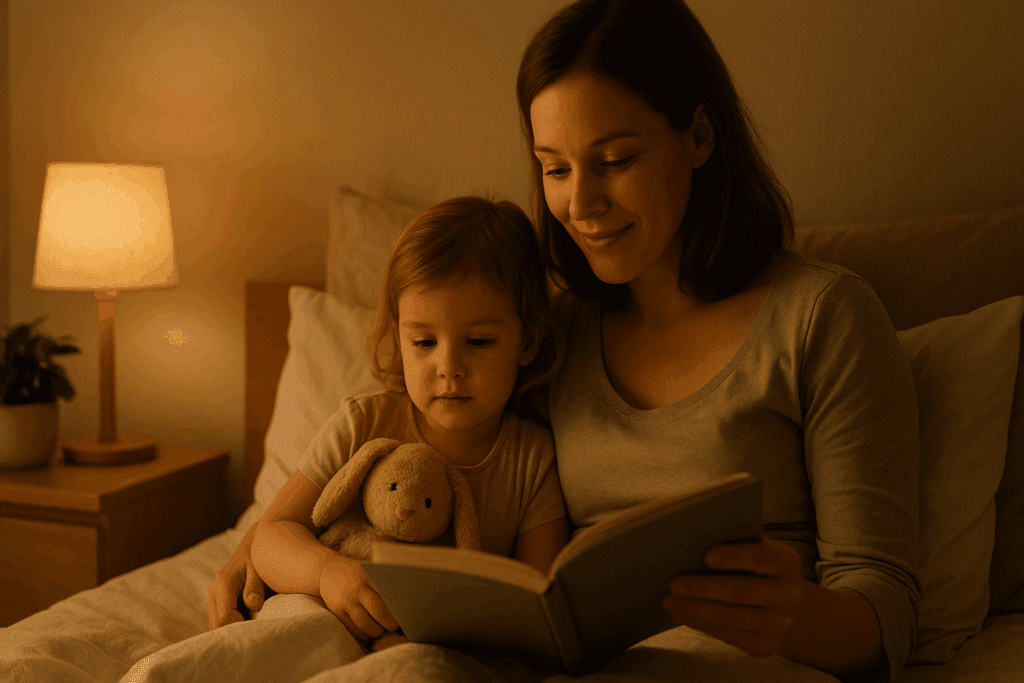 Parent reading a bedtime story to toddler holding a plush toy, showing how to wean off breastfeeding at 12 months with bonding rituals.