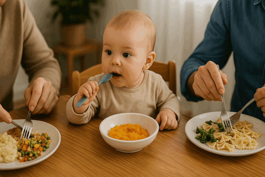Curious baby at family dining table mimicking adults during mealtime, illustrating how to wean off breastfeeding at 12 months through shared eating habits