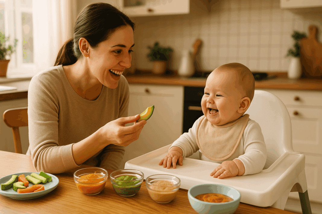 Parent feeding baby a slice of avocado with a variety of colorful foods on the table, illustrating blw vs puree in a cozy kitchen setting