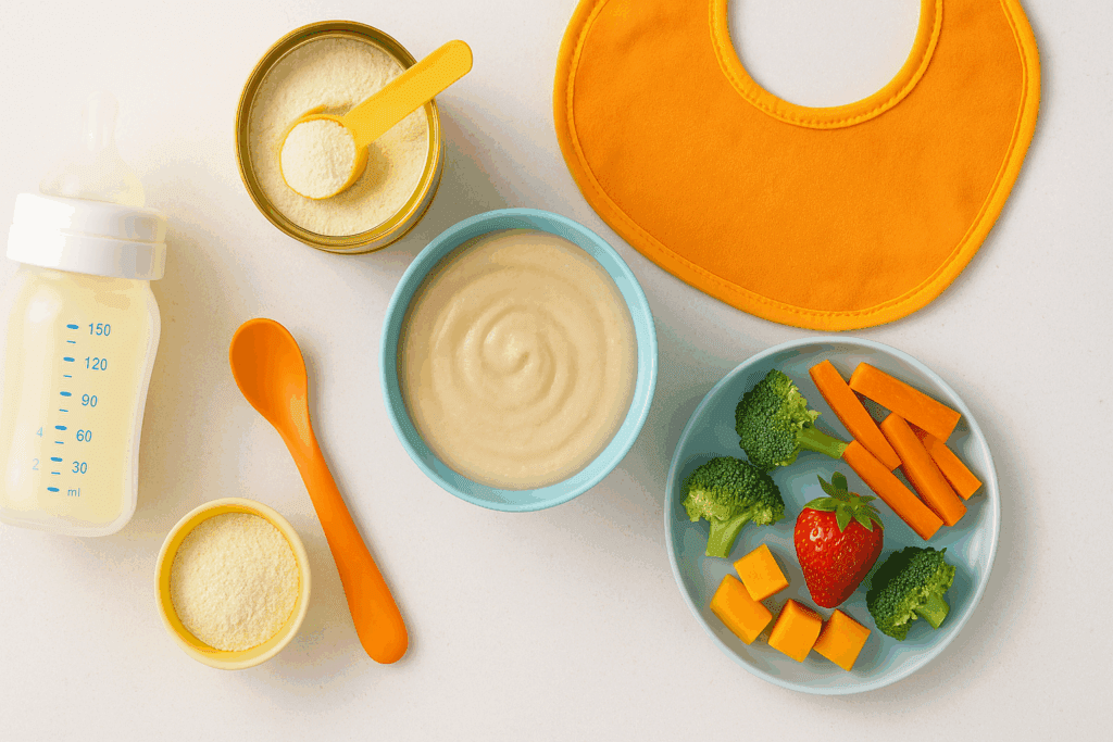 Flat lay of baby feeding essentials showing items used in blw vs puree methods, including a bottle of breast milk, formula, iron-rich cereal, soft fruits, vegetables, a spoon, and an orange bib.
